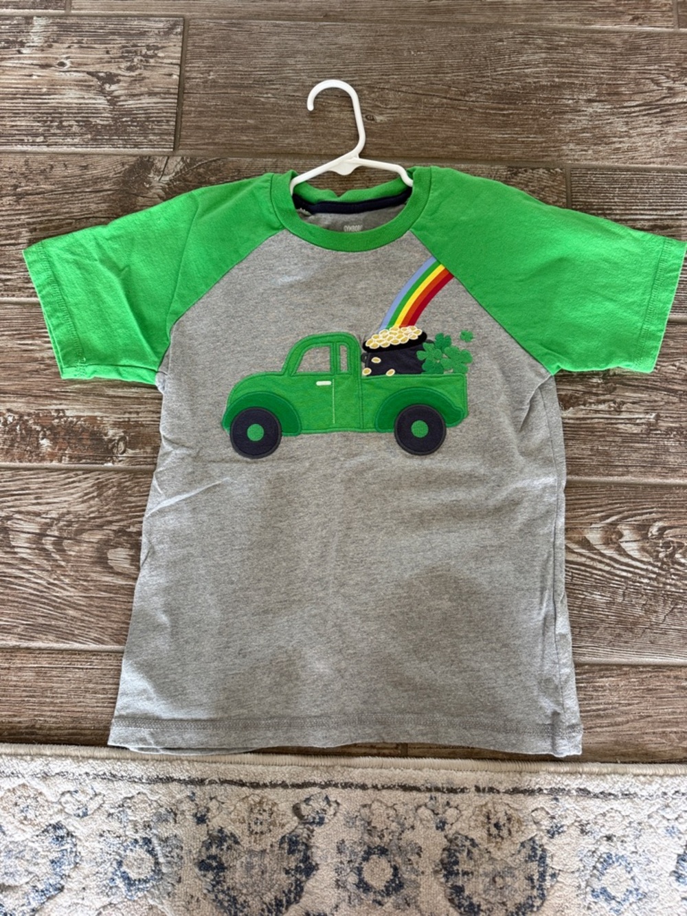 Gymboree Gray Tee with Green Raglan Sleeves and Truck Rainbow Graphic